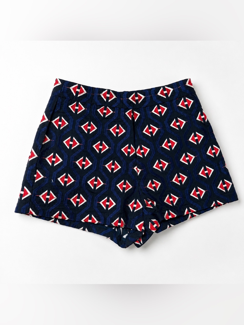 English Factory Embroidered High Waist Shorts XS Navy Red White Geometric preppy